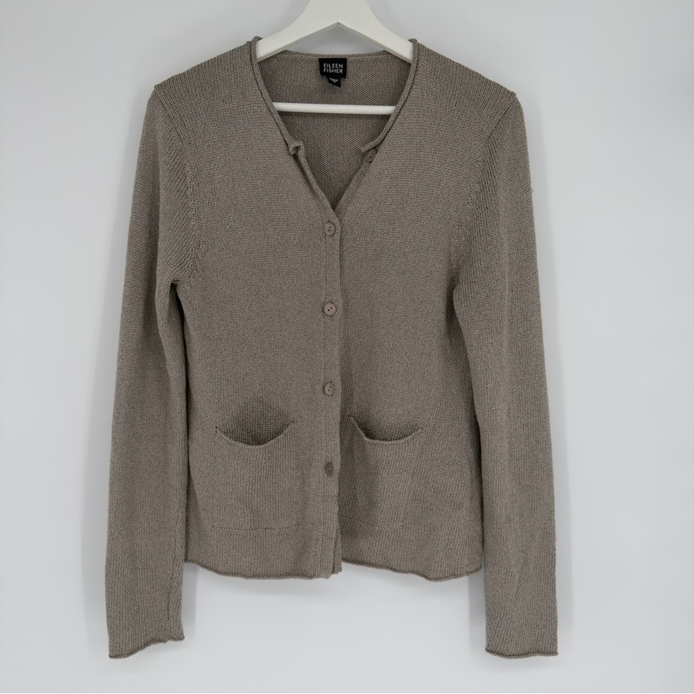 Eileen Fisher Taupe Silk Blend Knit Cardigan Sweater Small